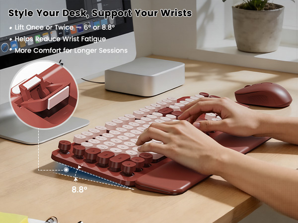 Burgundy retro keyboard and mouse with adjustable tilt legs for comfortable typing.