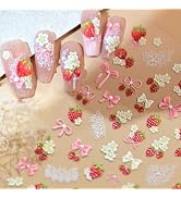 Strawberry Nail Stickers Cute Nail Decals Flower Nails Art Stickers with Bow Design 5D Embossed S...