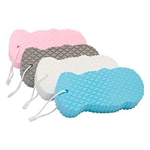 4 soft sponges horizontally stacked. Color blue, white, grey, and pink.