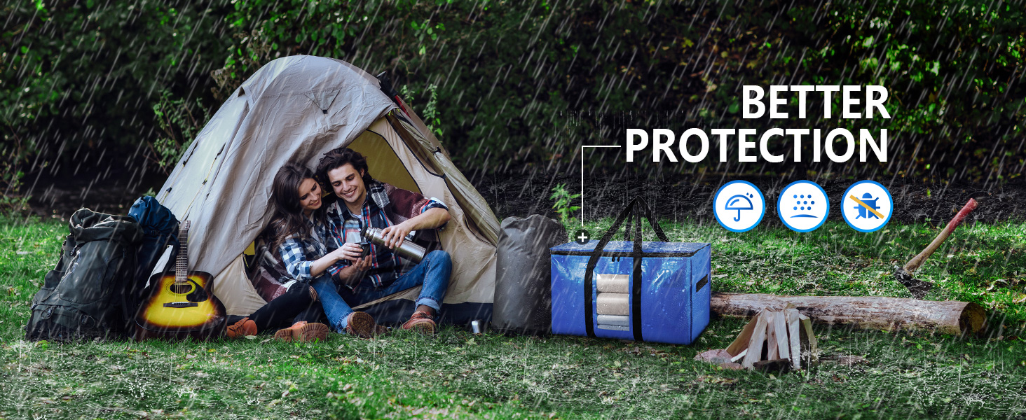 Camping scene with tent and cooler in outdoor setting, featuring 'Better Protection' text with three icon indicators.
