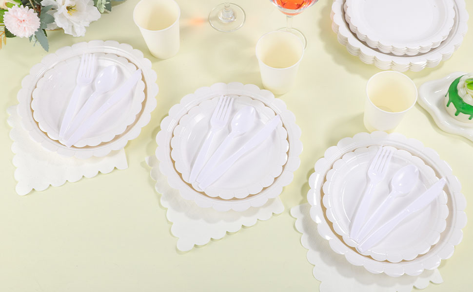 white paper plates and napkins