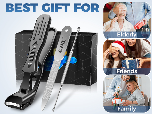 Multi-tool gift set with nail clipper and tweezers. Black and silver design. Shown as ideal gift for elderly, friends, and family with accompanying images.
