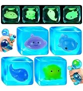 4 Pack Blue Squeeze Cube with Luminous Marine Life Inside,Squishy Stress Fidget Gummy Toys ,Glow ...