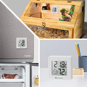 Digital thermometer/hygrometer displaying temperature and humidity. Shown in multiple settings: on refrigerator, desk, and near a wooden birdhouse with sawdust.