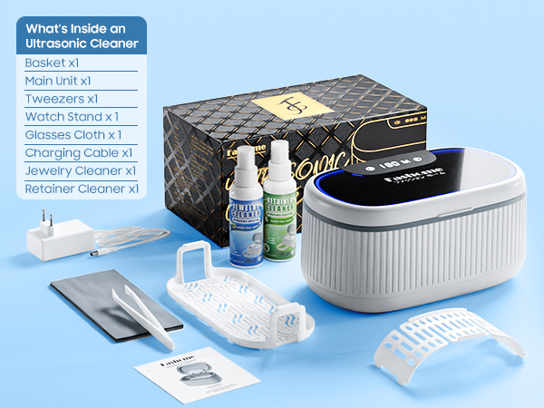 The ultrasonic jewelry cleaning machine set includes a variety of accessories