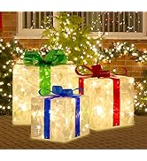 LAMPHOME 70 LED Christmas Set of 3 Lighted Gift Boxes Decorations,Warm White Lights with Flasher,...