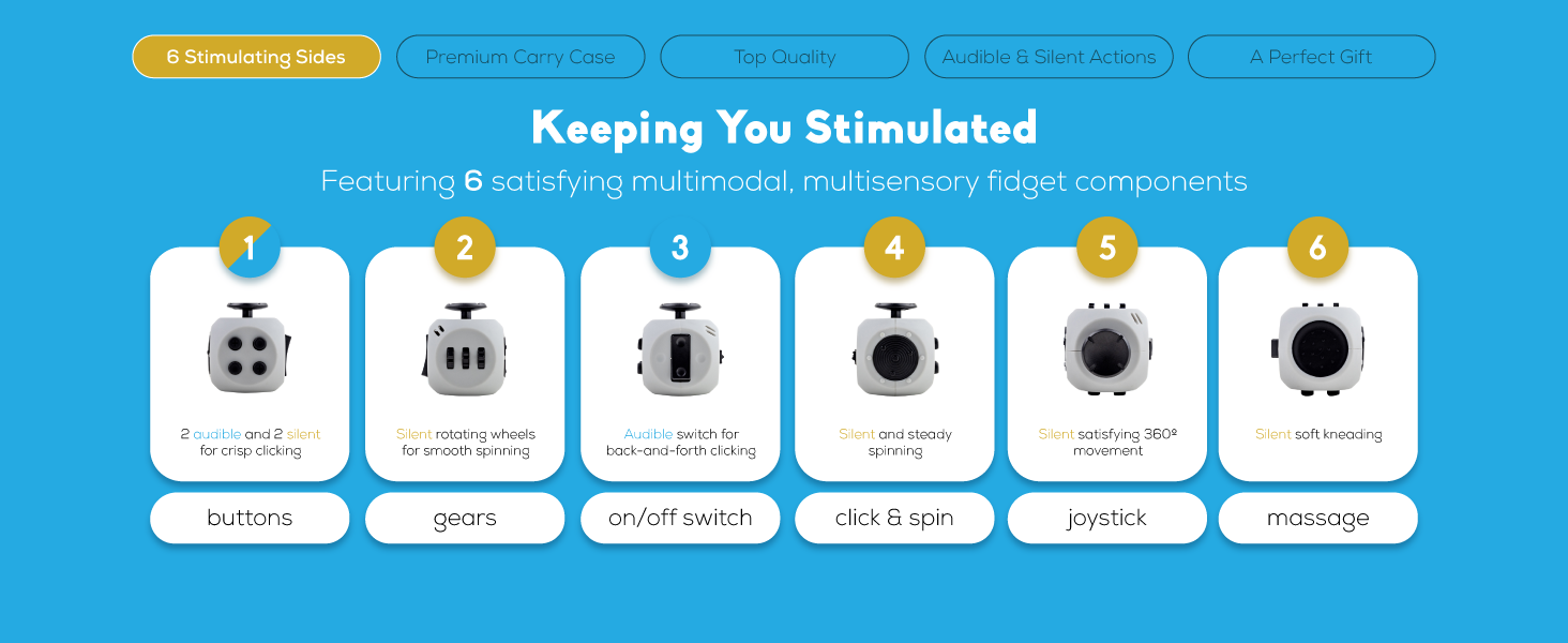 Click, glide, flip, breathe, roll, spin with the Pilpoc Fidget Cube 6-sided adult fidget toy.