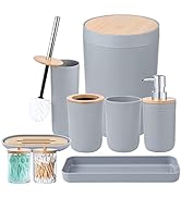 iMucci 9Pcs Grey Bathroom Accessories Set with Trash Can,Toilet Brush,Toothbrush Holder, Lotion S...