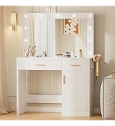 DUMOS Makeup Vanity Desk with Mirror and Adjustable 11 LED Bulbs, White | Vanity Makeup Table wit...