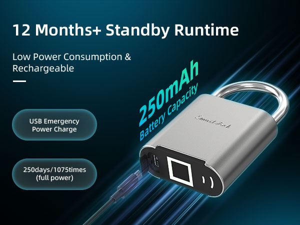 Smart fingerprint padlock with 250mAh battery