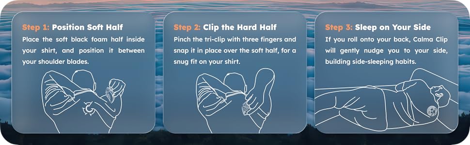 how to use Calma Clip anti snoring sleep trainer place foam pad clip device to shirt