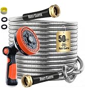 Rosy Earth Metal Garden Hose 50ft, Lightweight Steel Water Hose with 8-Mode Wide Nozzle