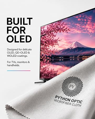 a beautiful oled screen showing mount fuji and the premium python microfiber cloth