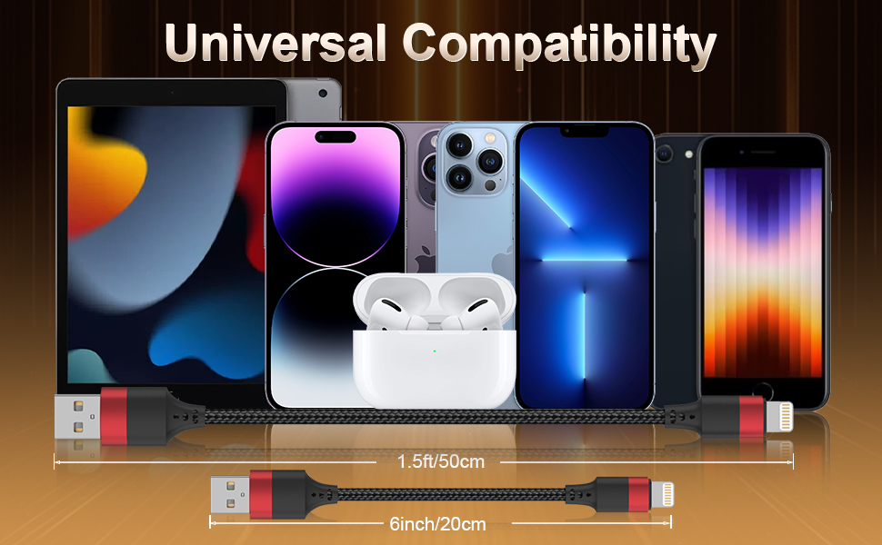 usb to lightning cable have two sizes (6in and 1.5ft), compatible with most lightning devices