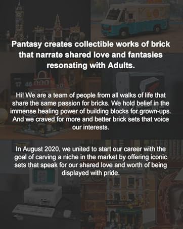 Marketing image for collectible brick sets. Text describes creating works that narrate shared love and fantasies for adults. Background shows blurred brick models including a van.