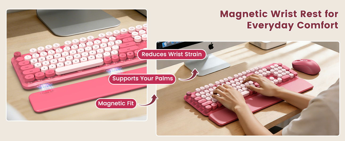 Pink retro keyboard and mouse with magnetic wrist rest for comfortable everyday typing.