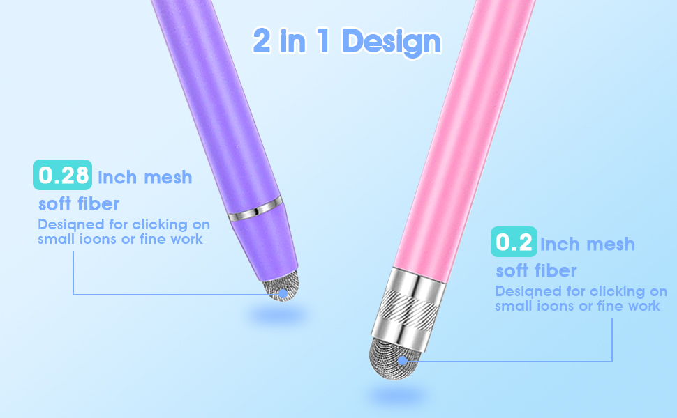 Text reads '2 in 1 Design'. Product demonstration showing purple and pink writing implements or tools with technical specifications and measurements.