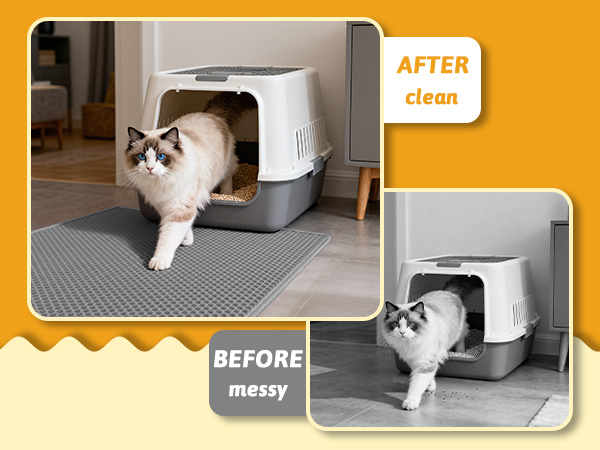 Text reads 'AFTER clean' and 'BEFORE messy'. White litter box with cat entering, shown in clean state (after) versus messy state (before) comparison demonstrating box functionality and cleanliness.