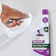 End-user using the Rejuvenate Tile & Grout Cleaner to scrub floors