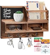 HOMEBROS Key Holder Wall Mount, Wooden Mail and Key Organizer with Chalkboard and Mirror, 3 Greet...