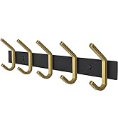 SAYONEYES Coat Rack Wall Mount – Black and Gold Hook Rail with 5 Double Coat Hooks, 15 Inch Stain...