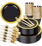 YOUBET 350PCS Black and Gold Plastic Plates - Gold Disposable Dinnerware Sets for 50 Guests - 100...