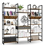 NUMENN Triple Wide 5 Tier Bookshelf, Adjustable Rustic Industrial Style Book Shelves, Modern Book...