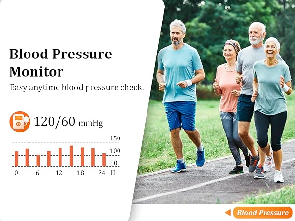 Text reads 'Blood Pressure Monitor' and 'Easy anytime blood pressure check' with reading '120/60 mmHg' and bar chart. Image shows group of people jogging outdoors in athletic wear on tree-lined path.