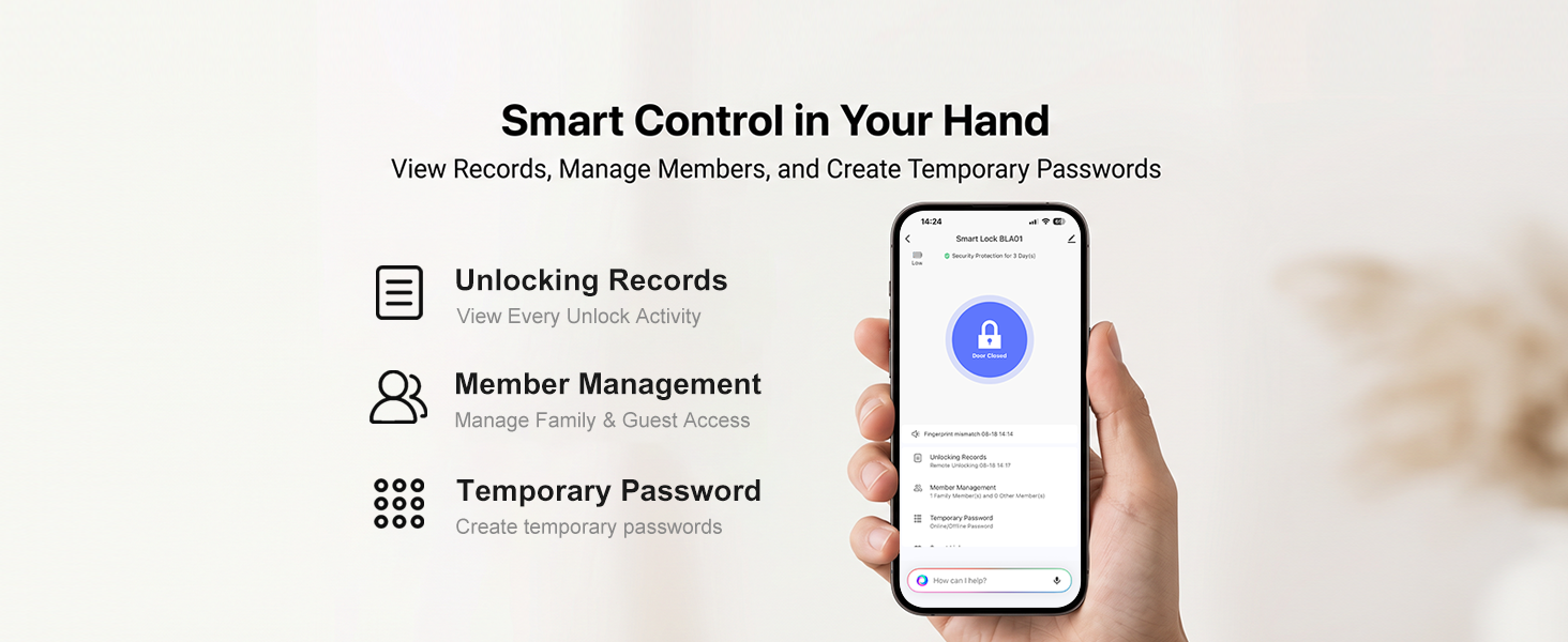 View unlocking records, manage members, and create temporary passwords from your phone.