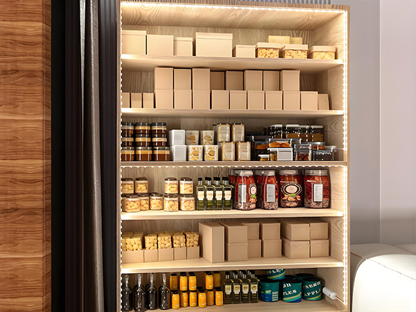 Storage shelving unit showing organized wooden boxes and containers, with various products arranged in rows on multiple levels.