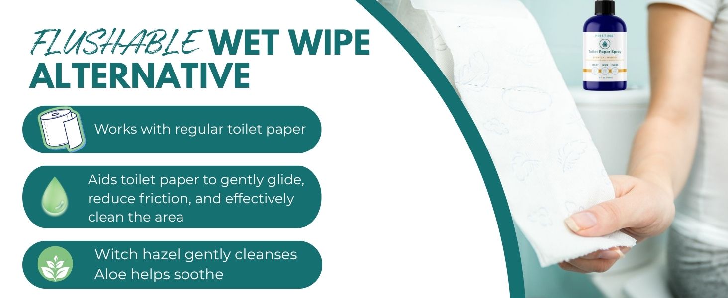 person on toilet holding toilet paper using Pristine toilet paper spray wet wipe alternative