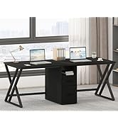 LVB Extra Long Two Person Desk, Large Black Computer Desk with File Drawer, Wood Metal Double Gam...