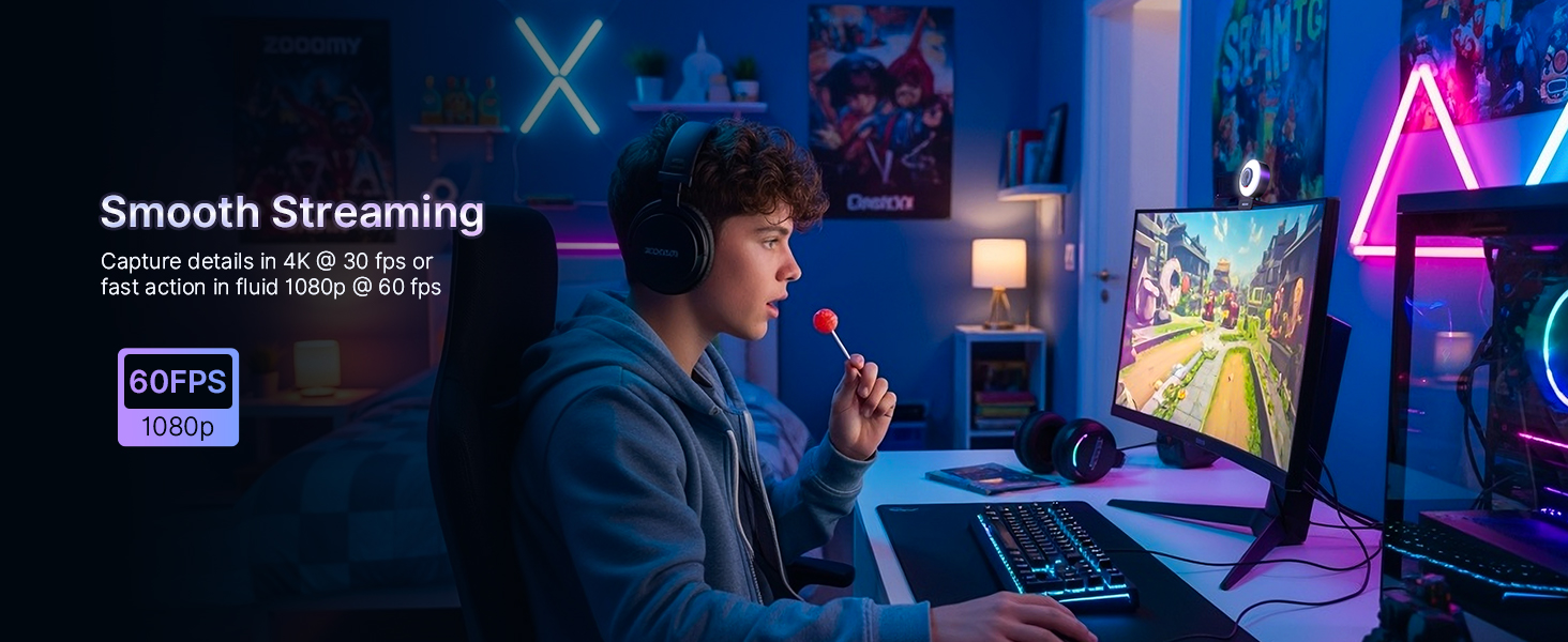 Streamer using the 4K webcam with ring light for smooth streaming.
