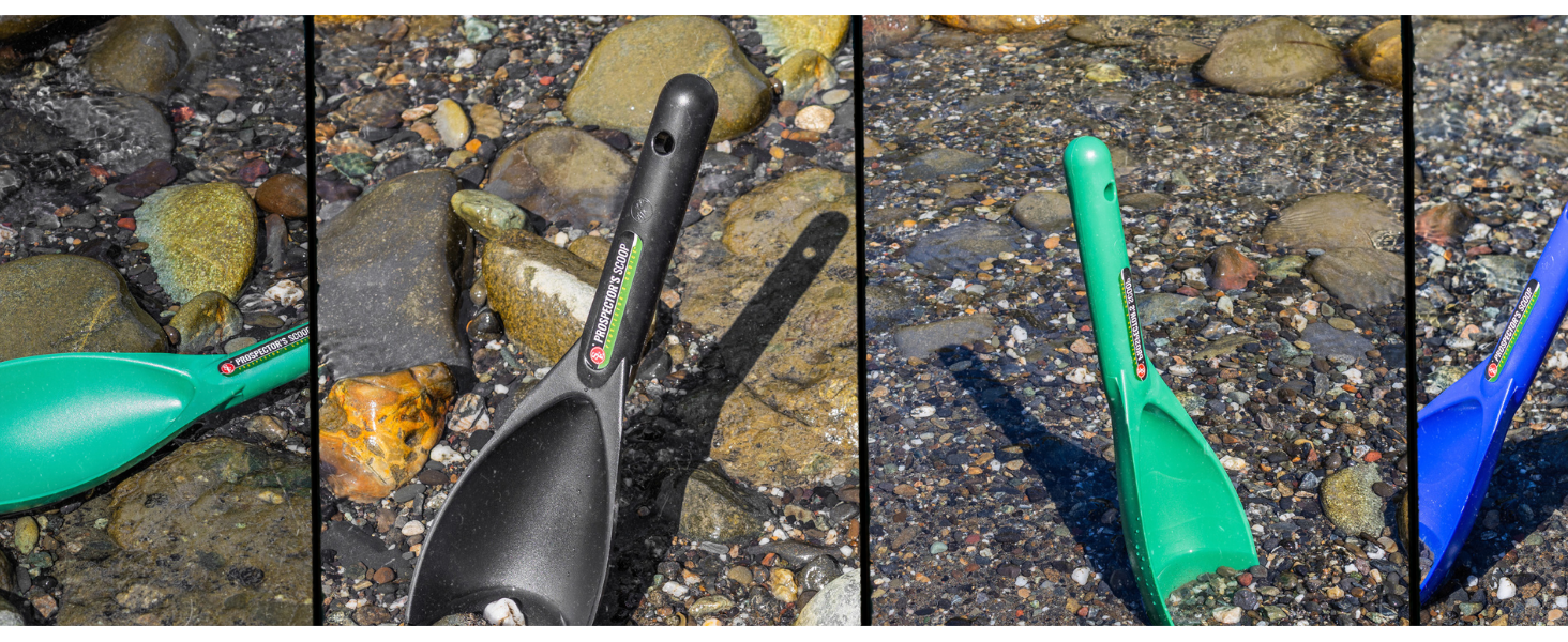 lifestyle photo collage of heavy duty gold prospectors scoops in rocky ground