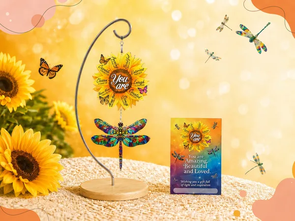 Sunflower Dragonfly Desk Decor with inspirational card and sunflowers