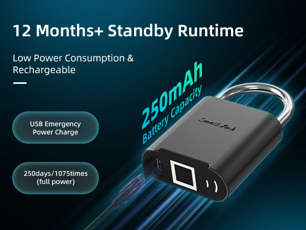 Smart fingerprint padlock 12 months standby runtime, USB-C emergency rechargeable heavy-duty lock