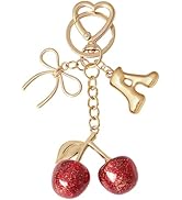 Snycler Bubble Initial Keychain with Cherry & Bow - Gold Letter Bag Charms for Women, Cute Purse ...