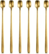 Coffee Espresso Spoons Set of 6, 6.69-Inch Long Handle Gold Stainless Steel Stirring Spoons, Squa...