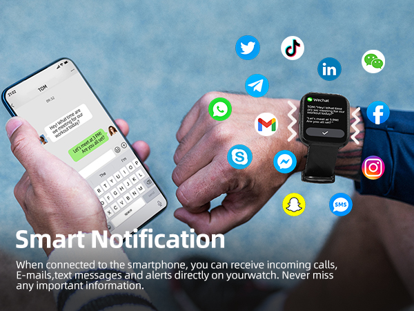 Smartphone and smartwatch displaying notifications with social media icons floating between them. Text 'Smart Notification' below, describing seamless information delivery across devices.