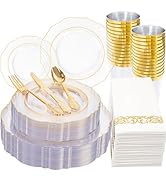 KIRE 210Pcs Clear and Gold Plastic Plates - Heavy Duty Clear Plates with Gold Rim - Disposable Di...