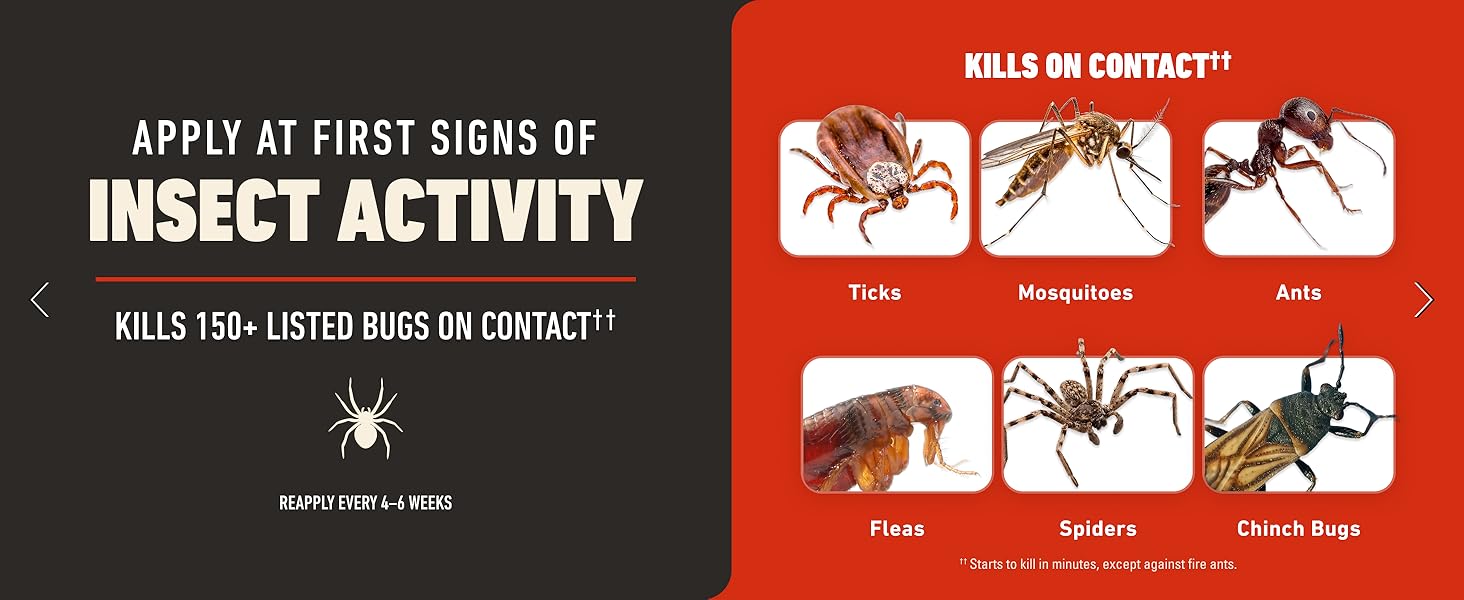 Ortho Bugclear. Apply at first signs of insect acitivity. Kills ticks, ants, fleas, and more
