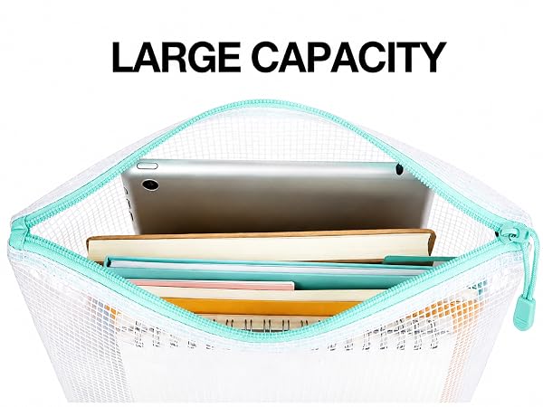 large capacity mesh zipper storage bag filled with tablet notebooks office supplies