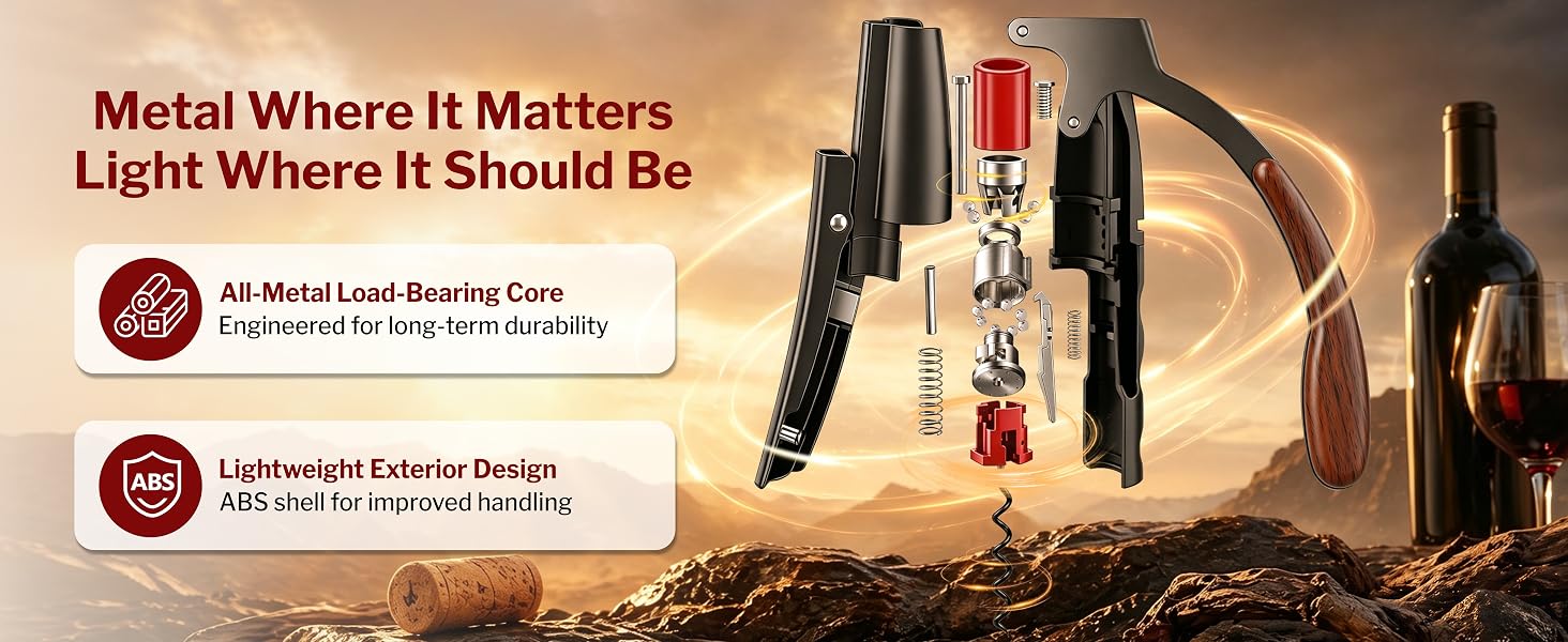 Forge wine opener with metal load-bearing core and lightweight design for effortless cork removal