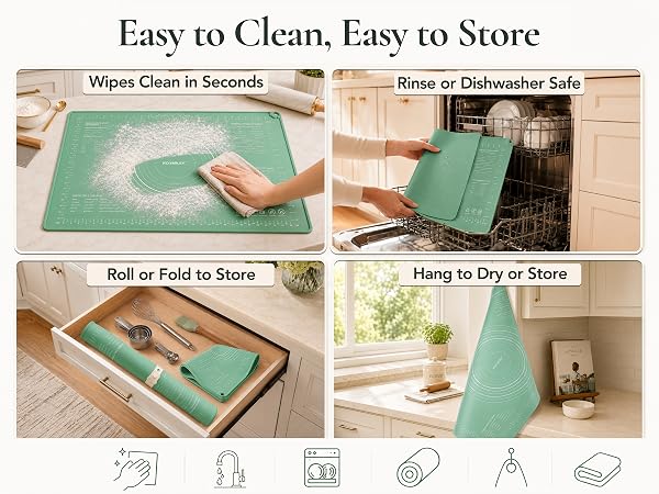 KOYMILEY pastry mat is wiped clean, rolled with a strap and hung from the cat-paw hole for storage