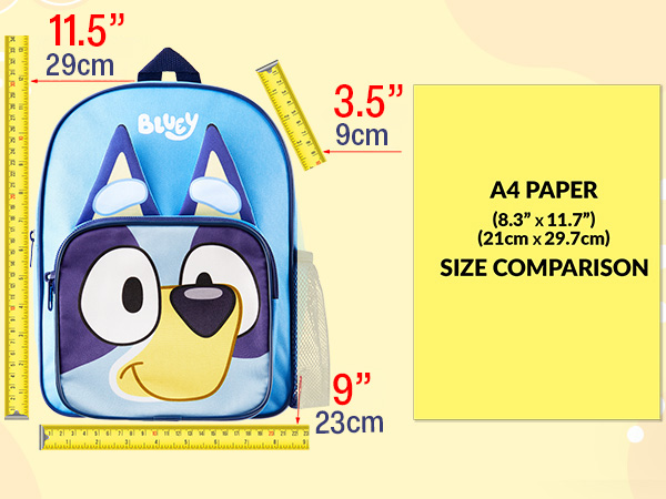 Size comparison diagram with measurements: '11.5" (29cm)', '3.5"', '9" (23cm)', 'A4 PAPER (21x29.7cm)' with blue cartoon-style character illustrations.