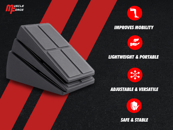 Marketing infographic with red and black design showing four features: 'IMPROVED MOBILITY', 'LIGHTWEIGHT & PORTABLE', 'ADJUSTABLE & VERSATILE', 'SAFE & STABLE'.