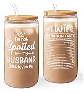 Wife 16 Oz Can Glass Tumbler with Bamboo Lid and Straw - Iced Coffee Cups for Women, Aesthetic Gl...