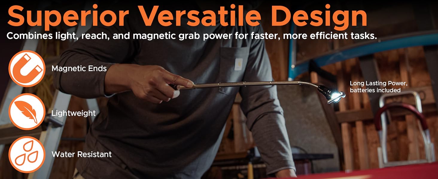 magnetic flashlight, telescoping pickup tool, LED work light, flexible neck, grab tool magnet
