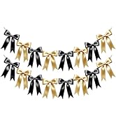 2 Strings Black Gold Bow Garland Banner Decorations, Pre-Strung Satin Ribbon Bows for Birthday, B...
