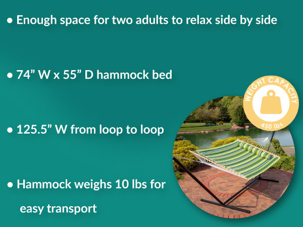 enough space for two adults weight capacity of 450 pounds weighs 10 pounds for easy transport
